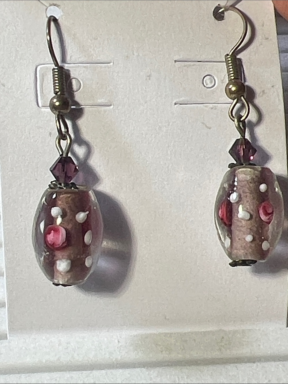 Pink Glass Bead Drop Earrings with Dotted Accent